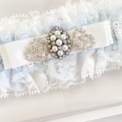 Boudoir Couture Something Blue Gifts | Bride Gifts*Infinity Blue and Ivory Lace Garter with Crystal Embellished Bow Blue/ Ivory