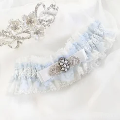 Boudoir Couture Something Blue Gifts | Bride Gifts*Infinity Blue and Ivory Lace Garter with Crystal Embellished Bow Blue/ Ivory