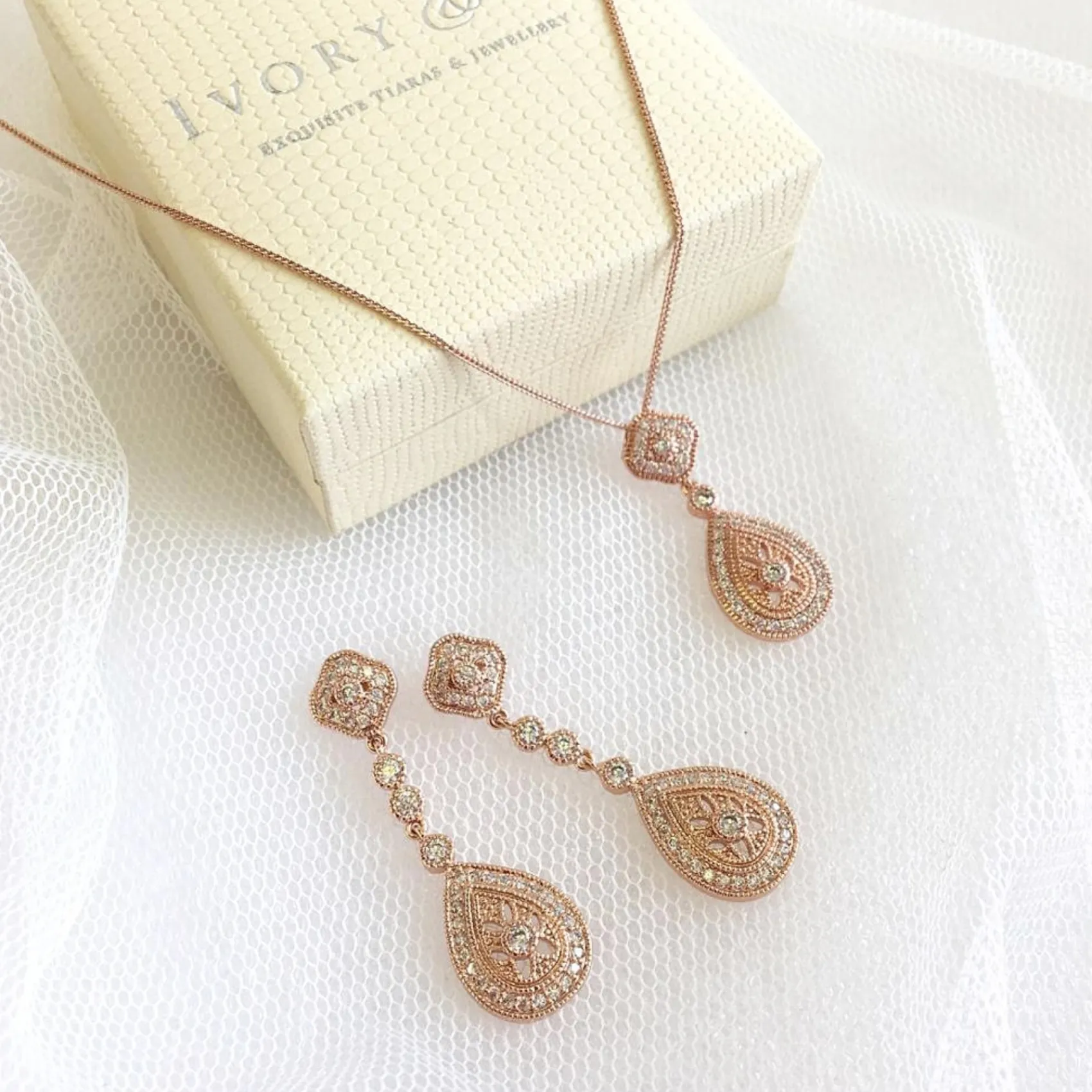 Ivory & Co Bride Gifts | Vintage Jewellery*Ivory and Co Moonstruck Rose Gold Crystal Wedding Earrings