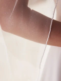 Bianco Evento Single Tier Veils | Chapel Length & Cathedral Veils*Single Tier Glitter Tulle Chapel Veil with Glass Bead Edge S499 Ivory
