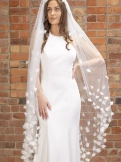 Perfect Bridal Single Tier Veils | Waltz Length Veils*Single Tier Heavily Embellished 3D Flowers Waltz Length Veil Ivory