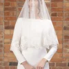 Perfect Bridal Two Tier Veils | Fingertip Veils*Two Tier Wide Floral Lace Edge Short Veil | L&F Ivory