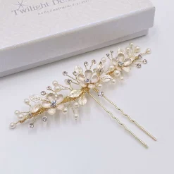 Twilight Designs Pearl Hair Accessories | Gold Hair Accessories*Jen Gold Flowers and Leaves Hair Pin Ivory/ Gold