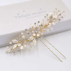 Twilight Designs Pearl Hair Accessories | Gold Hair Accessories*Jen Gold Flowers and Leaves Hair Pin Ivory/ Gold