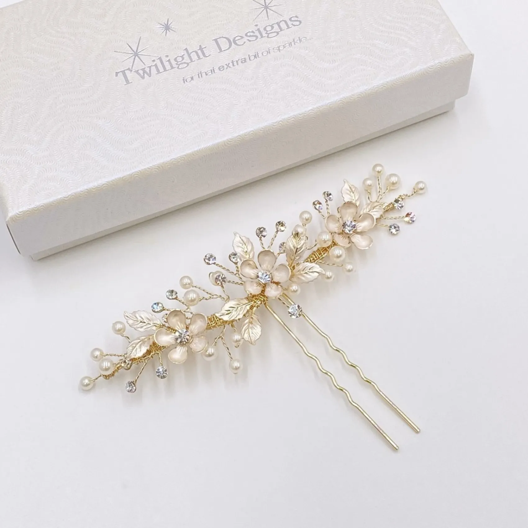 Twilight Designs Pearl Hair Accessories | Gold Hair Accessories*Jen Gold Flowers and Leaves Hair Pin Ivory/ Gold