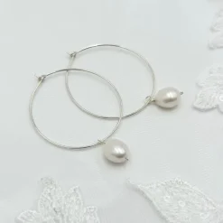 Lace & Favour Pearl Jewellery | Silver Wedding Jewellery*Kaliko Delicate Silver Hoop Earrings with Freshwater Pearl Drop Ivory/ Silver