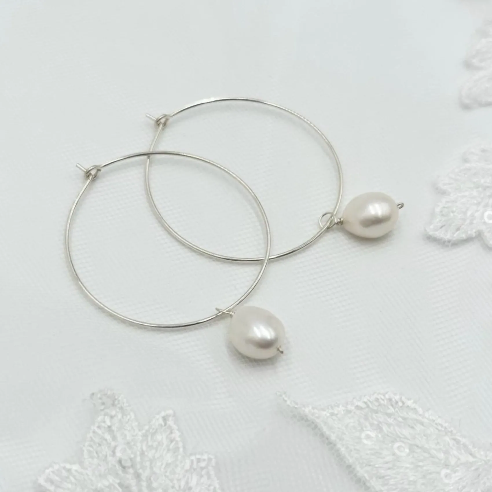 Lace & Favour Pearl Jewellery | Silver Wedding Jewellery*Kaliko Delicate Silver Hoop Earrings with Freshwater Pearl Drop Ivory/ Silver