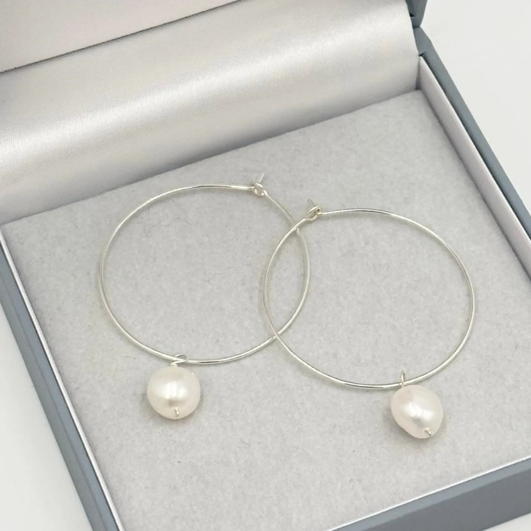 Lace & Favour Pearl Jewellery | Silver Wedding Jewellery*Kaliko Delicate Silver Hoop Earrings with Freshwater Pearl Drop Ivory/ Silver