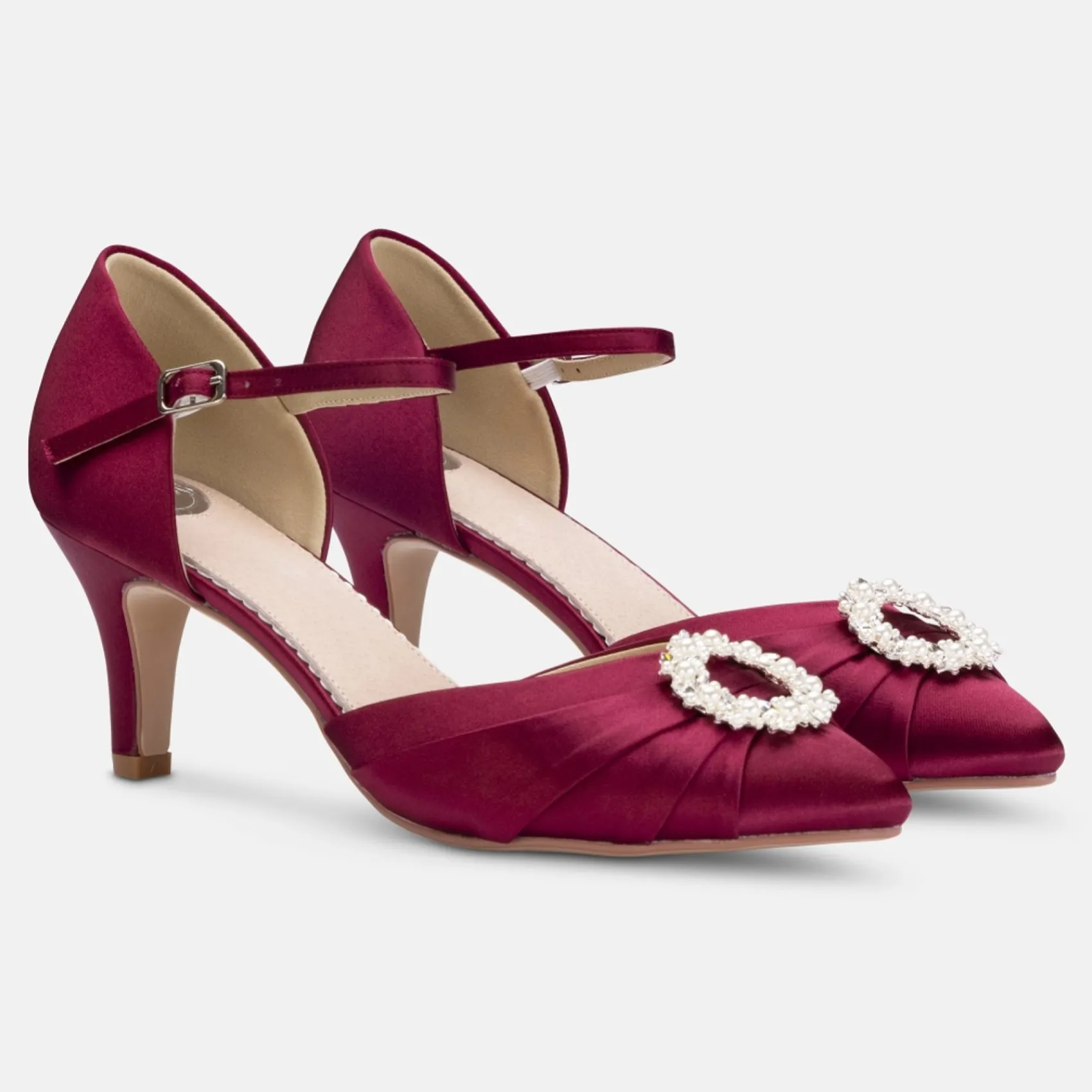 Perfect Bridal Wedding Guest Shoes | Mother Of The Bride Shoes*Kitty Satin Pearl Brooch Two Part Court Shoes Berry