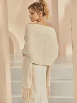 Bianco Evento Knitted Shawls | Wedding Capes & Wraps*Knitted Wedding Shawl with Tassels | E382 | Beige