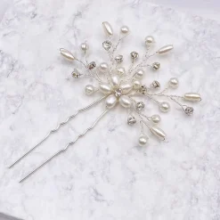 Lace & Favour Bridesmaid Gifts | Pearl Hair Accessories*Leia Floral Pearl and Crystal Spray Hair Pin Ivory/ Silver