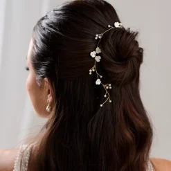 Lace & Favour Pearl Hair Accessories | Gold Hair Accessories*Letisha Ivory Flowers and Pearl Sprigs Wedding Hair Vine (Gold) Ivory/ Gold
