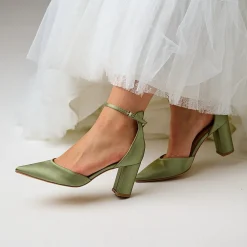 Perfect Bridal Wedding Guest Shoes | Mother Of The Bride Shoes*Liberty Satin Block Heel Ankle Strap Court Shoes Olive Green