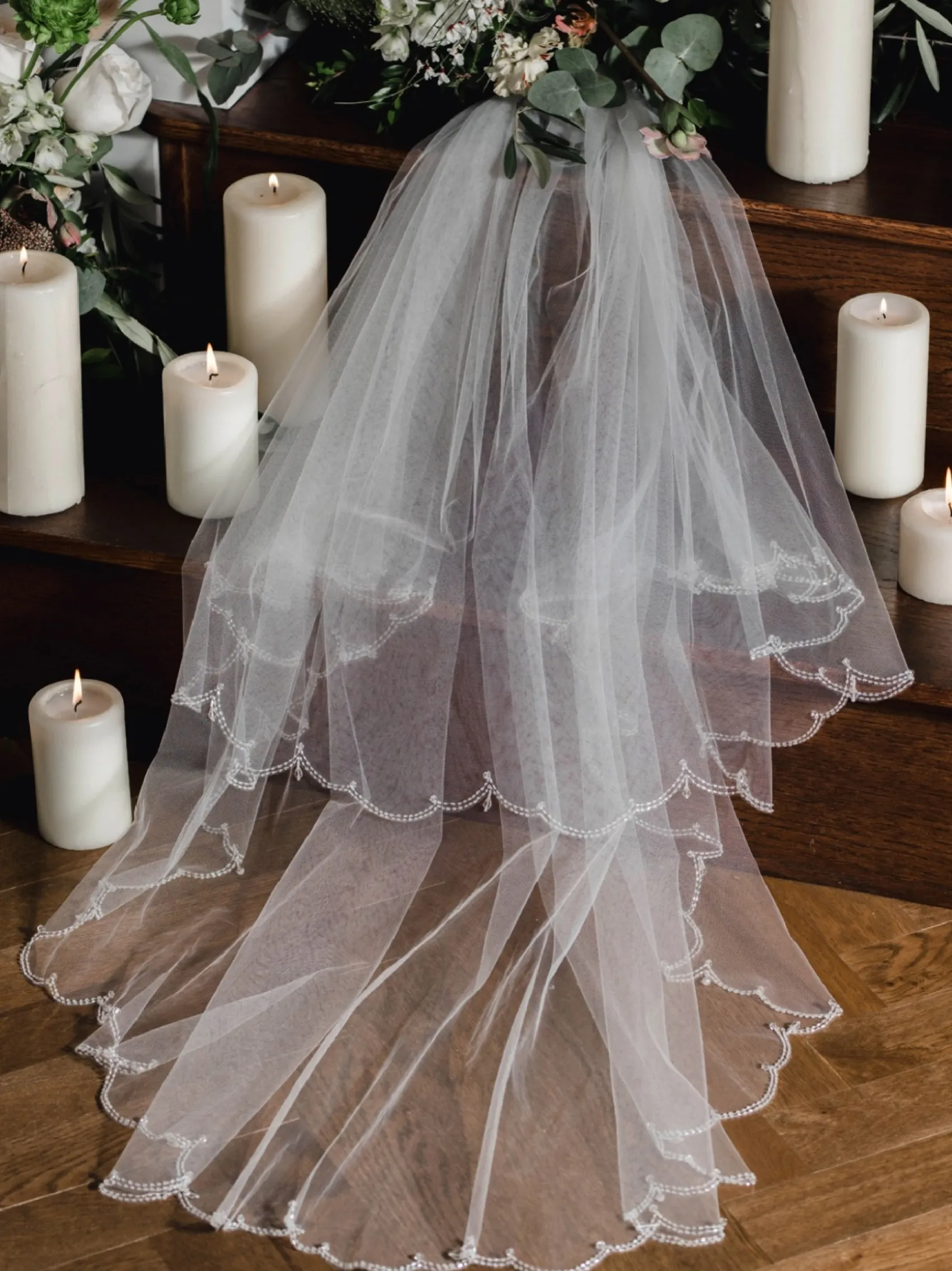 Linzi Jay Two Tier Veils | Fingertip Veils*Beaded Scalloped Edge Veil with Crystal Drops | LA941 Ivory