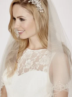 Linzi Jay Two Tier Veils | Fingertip Veils*Beaded Scalloped Edge Veil with Crystal Drops | LA941 Ivory