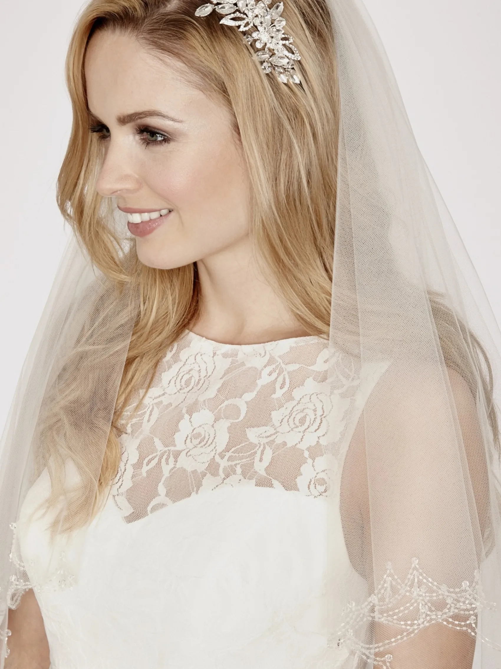 Linzi Jay Two Tier Veils | Fingertip Veils*Beaded Scalloped Edge Veil with Crystal Drops | LA941 Ivory