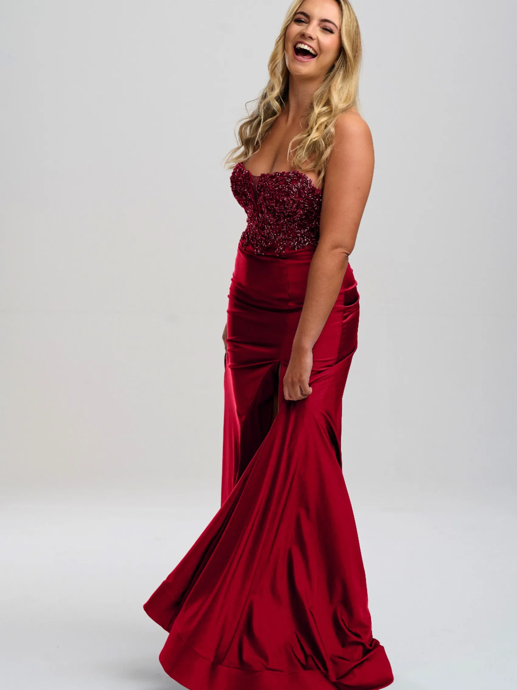 Linzi Jay Linzi Jay Prom Dresses | Red Prom Dresses*Burgundy Strapless Beaded Corset Prom Dress with Slit
