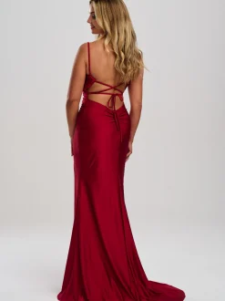 Linzi Jay Linzi Jay Prom Dresses*Crossover Back Ruched Stretch Satin Prom Dress with Train