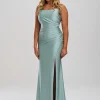 Linzi Jay Linzi Jay Prom Dresses | Green Prom Dresses*Crossover Back Ruched Stretch Satin Prom Dress with Slit