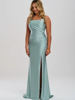 Linzi Jay Linzi Jay Prom Dresses | Green Prom Dresses*Crossover Back Ruched Stretch Satin Prom Dress with Slit