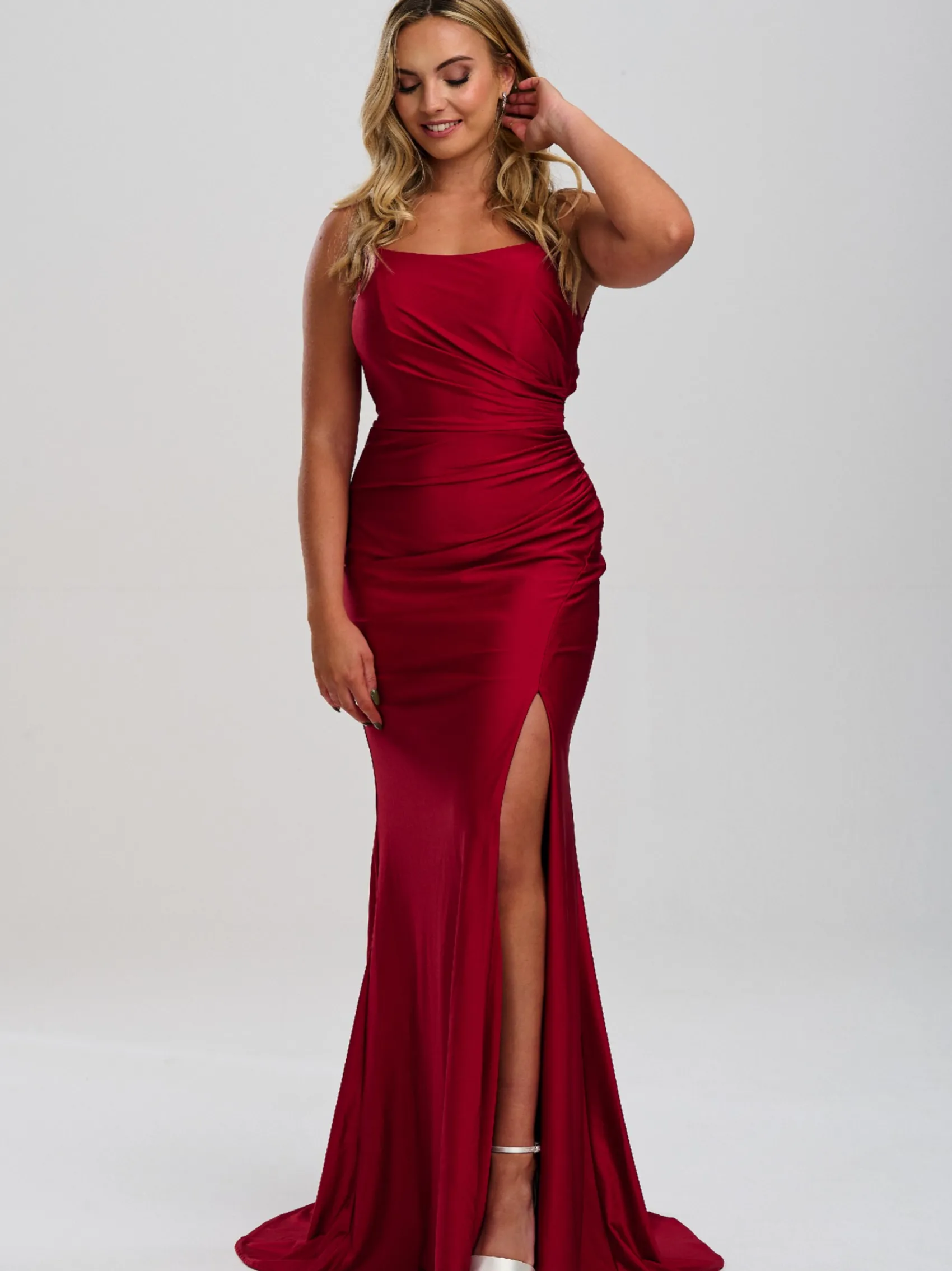 Linzi Jay Linzi Jay Prom Dresses*Crossover Back Ruched Stretch Satin Prom Dress with Train