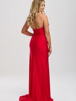 Linzi Jay Linzi Jay Prom Dresses | Red Prom Dresses*Halter Neck Stretch Satin Prom Dress with Train