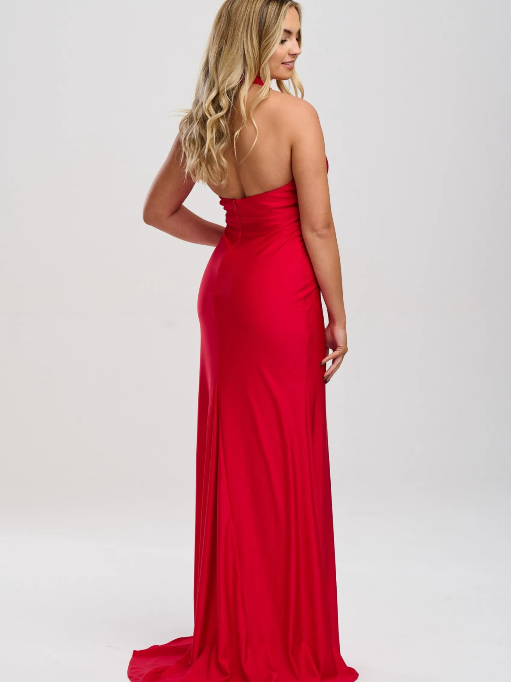 Linzi Jay Linzi Jay Prom Dresses | Red Prom Dresses*Halter Neck Stretch Satin Prom Dress with Train