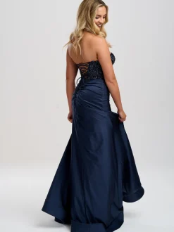 Linzi Jay Linzi Jay Prom Dresses | Navy Prom Dresses*Navy Strapless Beaded Corset Prom Dress with Slit