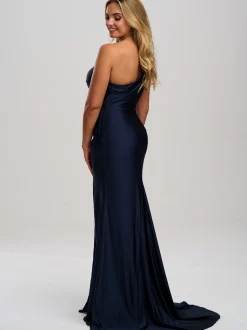 Linzi Jay Linzi Jay Prom Dresses | Navy Prom Dresses*One Shoulder Stretch Satin Prom Dress with Slit and Train