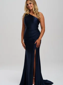Linzi Jay Linzi Jay Prom Dresses | Navy Prom Dresses*One Shoulder Stretch Satin Prom Dress with Slit and Train