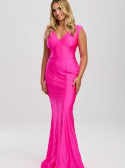 Linzi Jay Linzi Jay Prom Dresses | Pink Prom Dresses*V Neck Satin Jersey Fitted Prom Dress