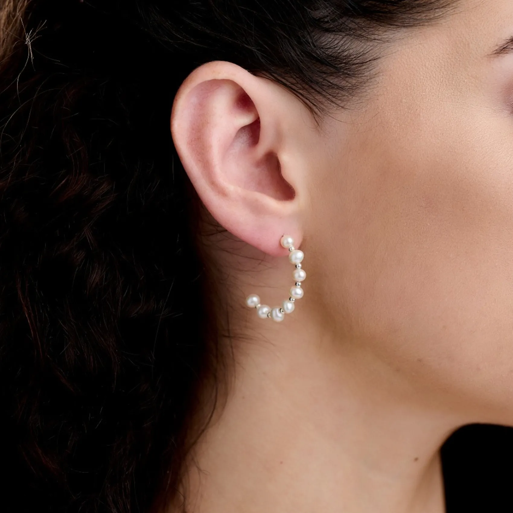 Lace & Favour Pearl Jewellery | Silver Wedding Jewellery*Luana Freshwater Pearl Half Hoop Earrings Ivory/ Silver