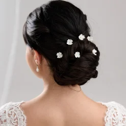 Lace & Favour Pearl Hair Accessories | Silver Hair Accessories*Mae Set of 3 Ivory Dainty Ceramic Flower Hair Pins Ivory/ Silver