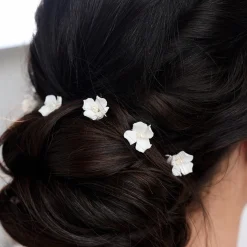 Lace & Favour Pearl Hair Accessories | Silver Hair Accessories*Mae Set of 3 Ivory Dainty Ceramic Flower Hair Pins Ivory/ Silver