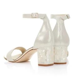 Freya Rose Wedding Guest Shoes | Mother Of The Bride Shoes*Martene Midi Suede Mother of Pearl Block Heel Sandals Champagne