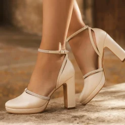 Avalia Shoes Sparkly Prom Shoes | Gold Prom Shoes*Mary Champagne Shimmer and Diamante Block Heel Ankle Strap Shoes Champagne Gold