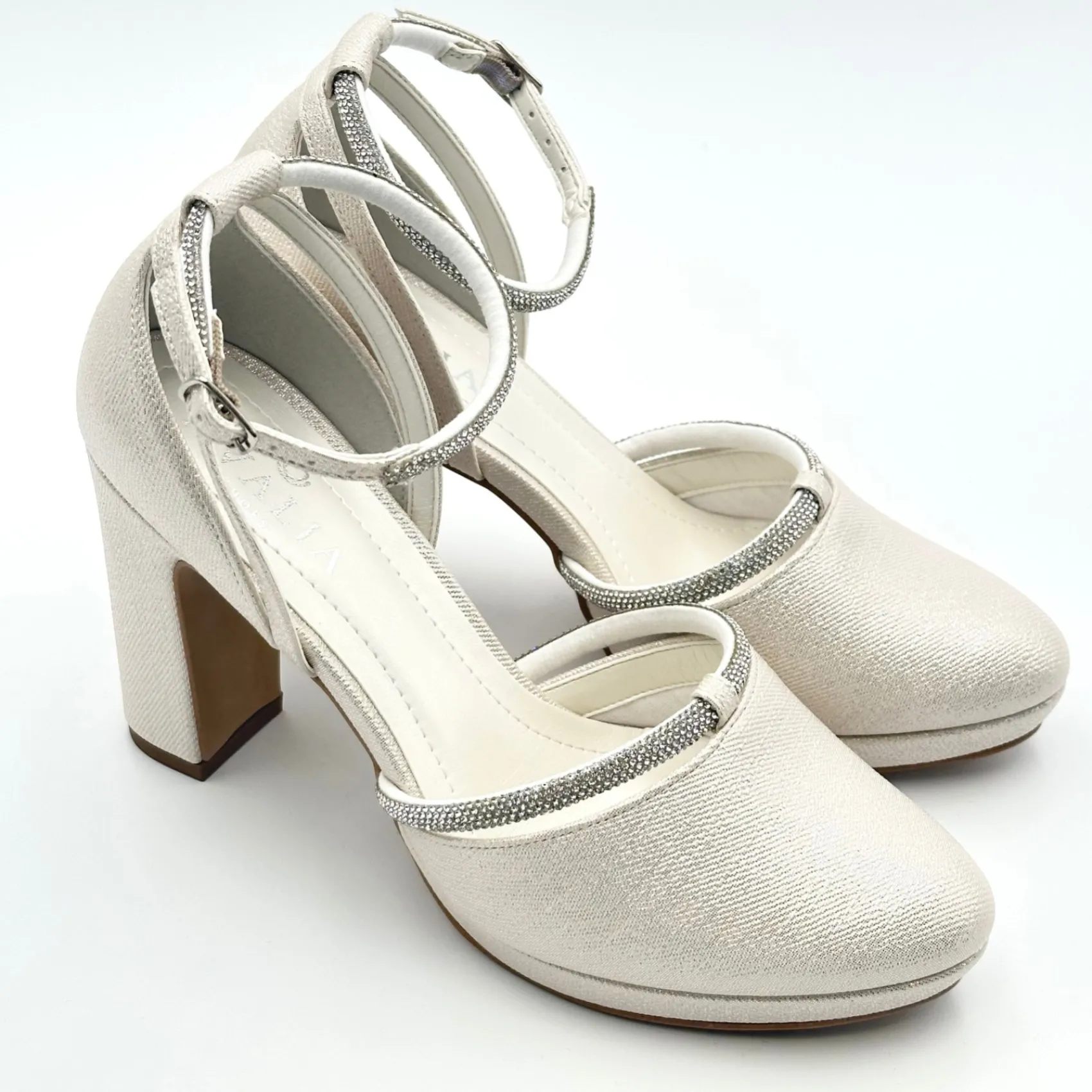 Avalia Shoes Sparkly Prom Shoes | Gold Prom Shoes*Mary Champagne Shimmer and Diamante Block Heel Ankle Strap Shoes Champagne Gold