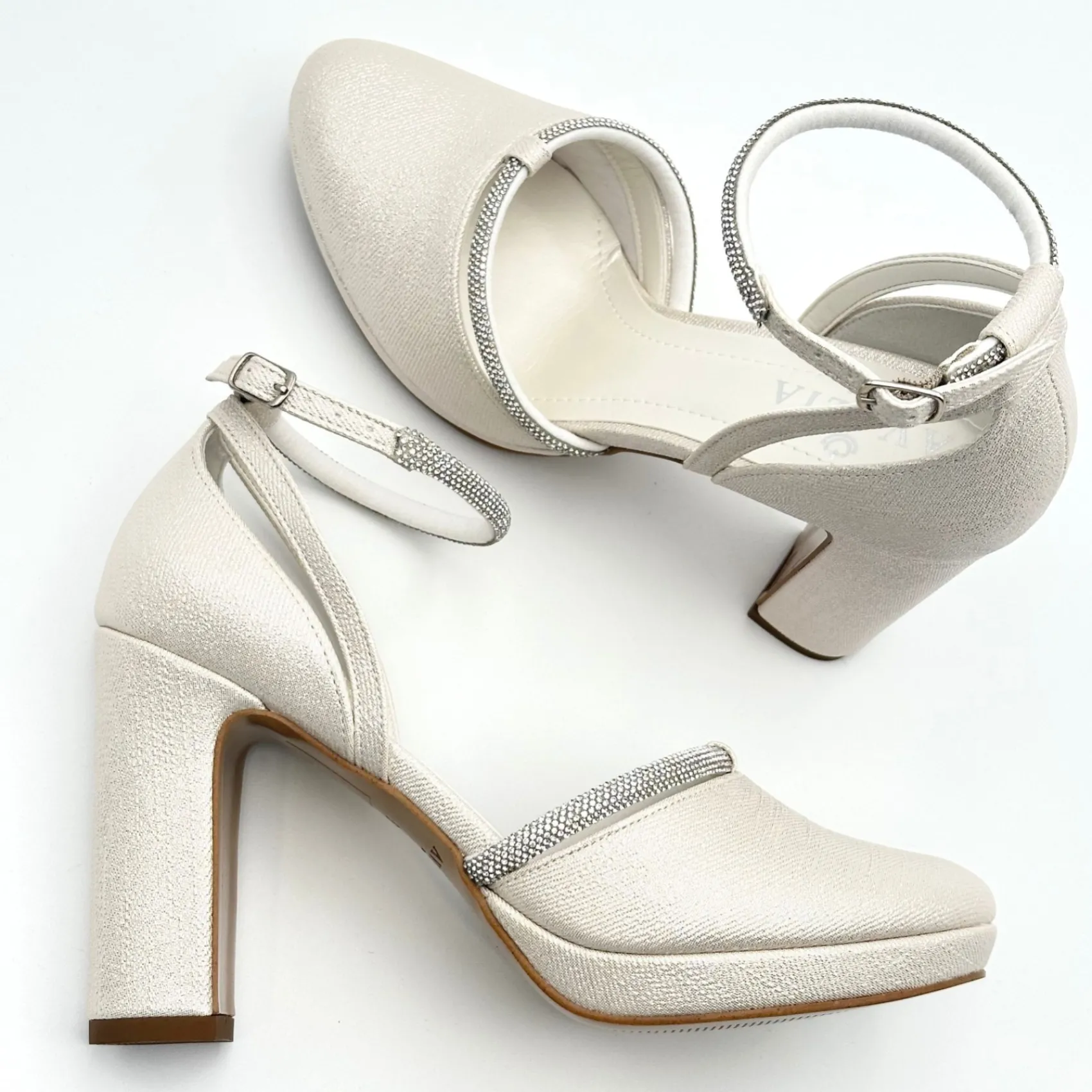 Avalia Shoes Sparkly Prom Shoes | Gold Prom Shoes*Mary Champagne Shimmer and Diamante Block Heel Ankle Strap Shoes Champagne Gold