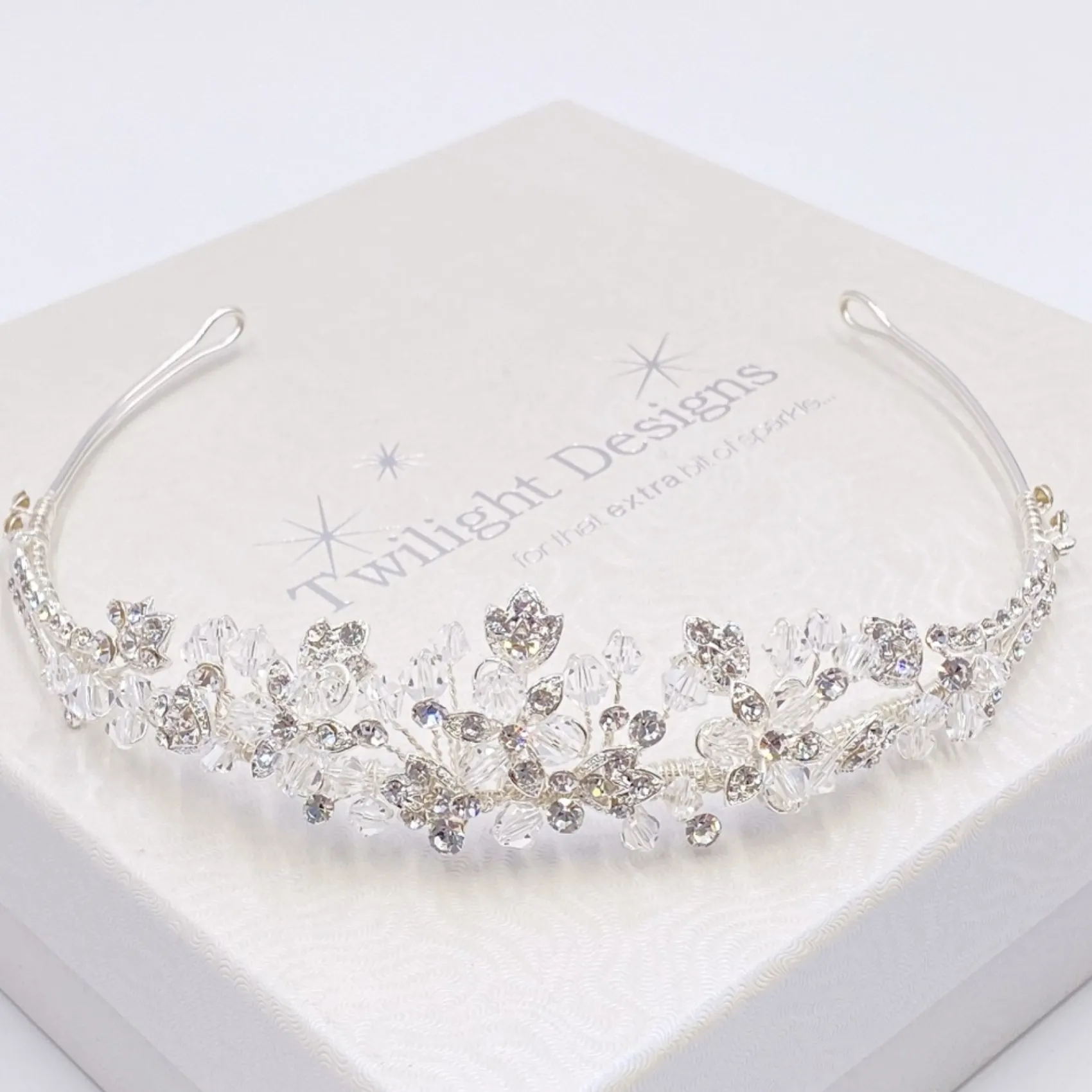 Twilight Designs Prom Headbands & Tiaras | Crystal Hair Accessories*Matilda Diamante Leaves and Crystal Wedding Tiara Silver