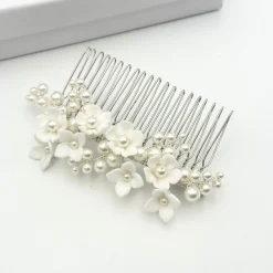 Beads & Beyond Pearl Hair Accessories | Silver Hair Accessories*Mirabelle Ivory Ceramic Flower and Pearl Wedding Hair Comb Ivory/ Silver