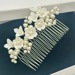 Beads & Beyond Pearl Hair Accessories | Silver Hair Accessories*Mirabelle Ivory Ceramic Flower and Pearl Wedding Hair Comb Ivory/ Silver