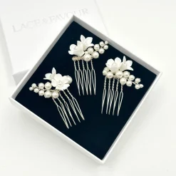 Beads & Beyond Pearl Hair Accessories | Silver Hair Accessories*Mirabelle Set of 3 Ivory Ceramic Flower and Pearl Mini Hair Combs Ivory/ Silver