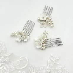 Beads & Beyond Pearl Hair Accessories | Silver Hair Accessories*Mirabelle Set of 3 Ivory Ceramic Flower and Pearl Mini Hair Combs Ivory/ Silver