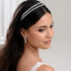 Lace & Favour Prom Headbands & Tiaras | Crystal Hair Accessories*Monaco CZ Crystal Leaves Double Headband Ivory/ Silver