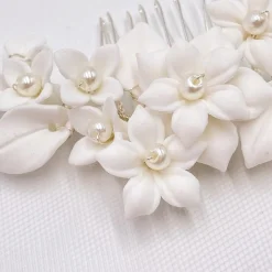 Lace & Favour Pearl Hair Accessories | Silver Hair Accessories*Nieve Ivory Porcelain Flowers and Pearl Wedding Hair Comb Ivory/ Silver