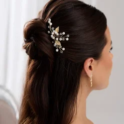 Lace & Favour Bridesmaid Gifts | Bride Gifts*October Gold Leaves and Pearl Wedding Hair Pin Ivory/ Gold