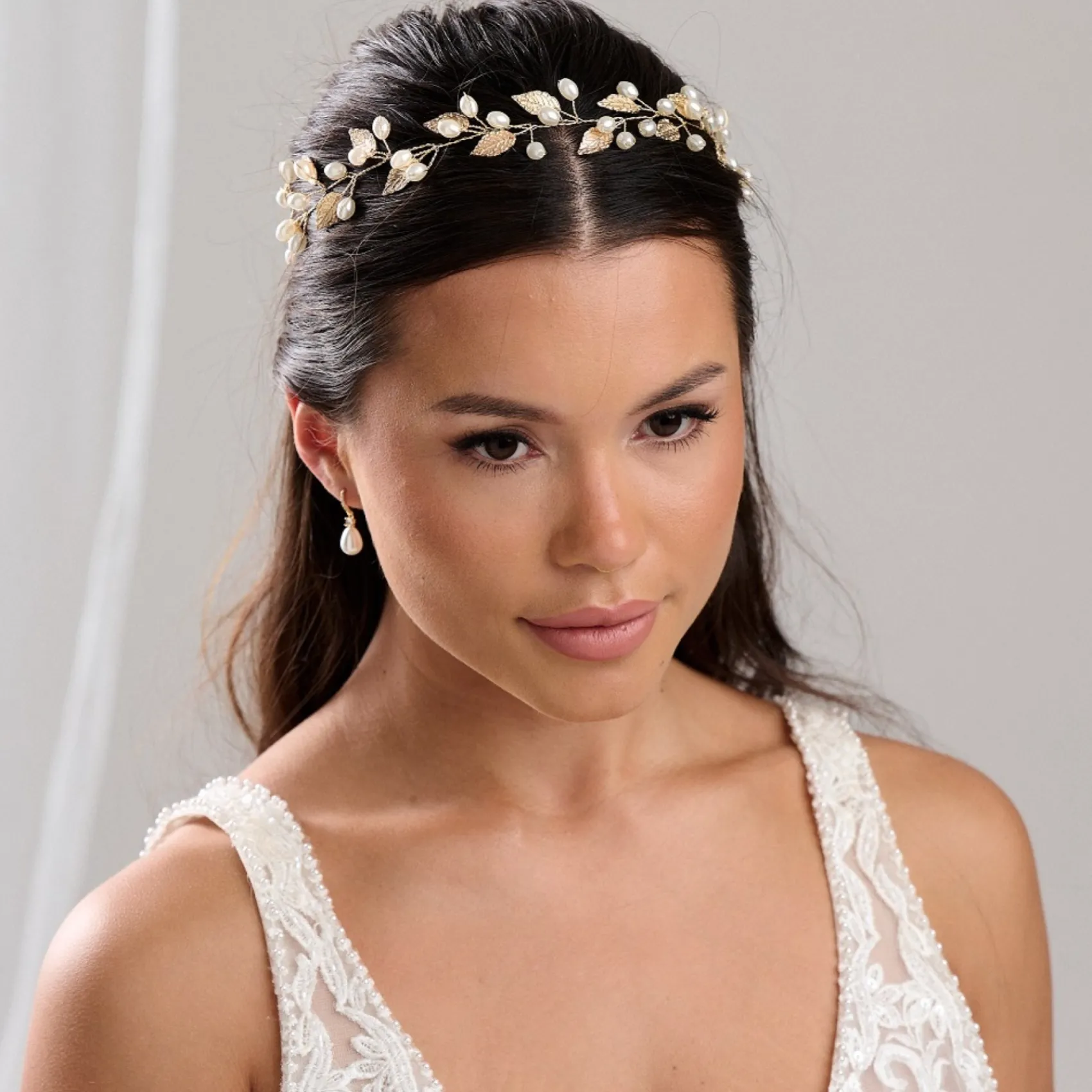 Lace & Favour Pearl Hair Accessories | Gold Hair Accessories*October Gold Leaves and Pearls Long Wedding Hair Vine Ivory/ Gold