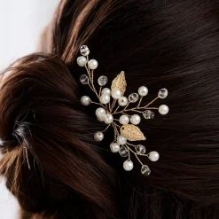 Lace & Favour Bridesmaid Gifts | Bride Gifts*October Gold Leaves and Pearl Wedding Hair Pin Ivory/ Gold