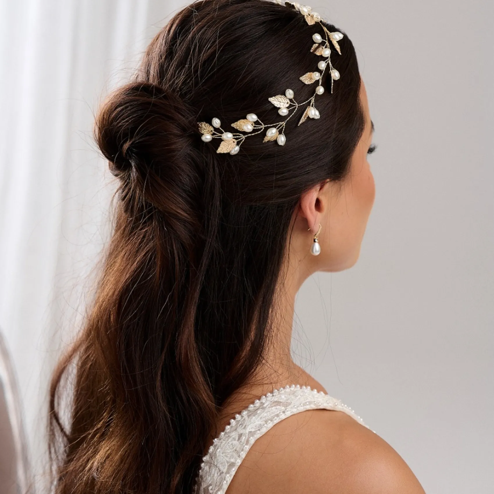Lace & Favour Pearl Hair Accessories | Gold Hair Accessories*October Gold Leaves and Pearls Long Wedding Hair Vine Ivory/ Gold