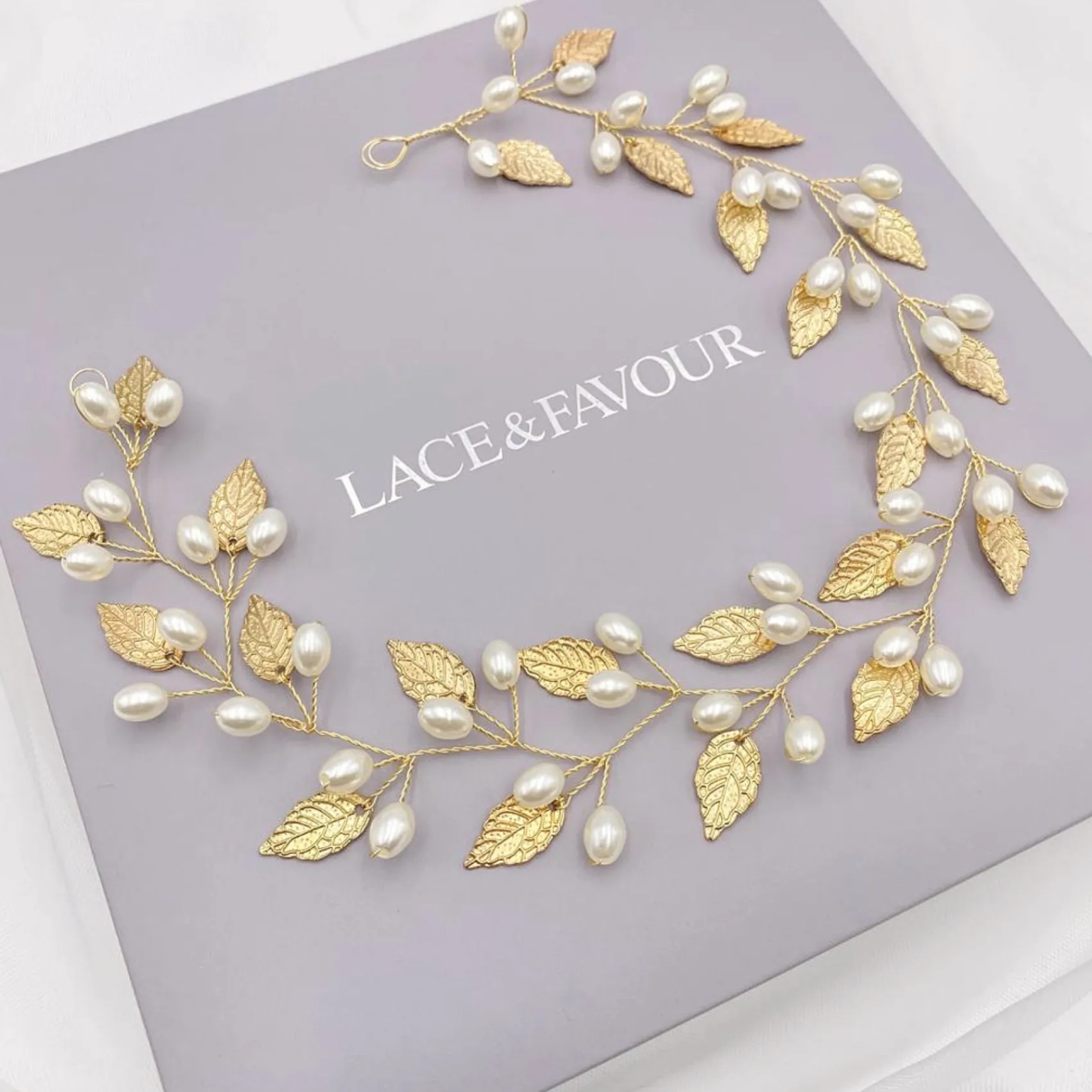 Lace & Favour Pearl Hair Accessories | Gold Hair Accessories*October Gold Leaves and Pearls Long Wedding Hair Vine Ivory/ Gold